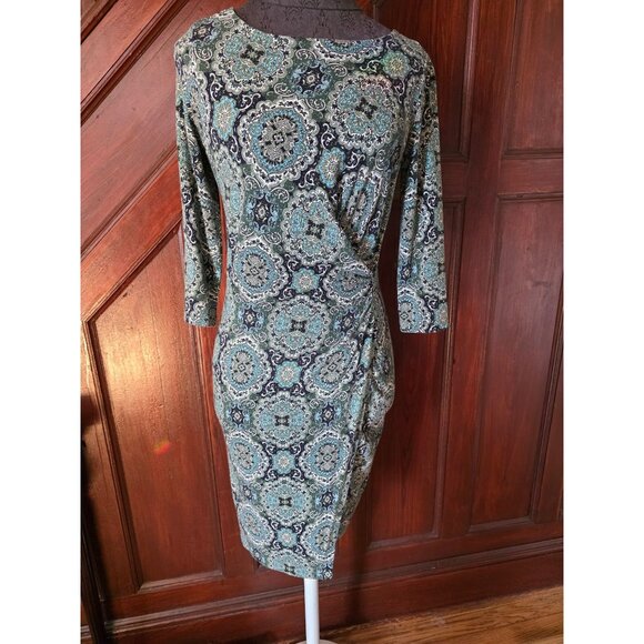 Talbots Petite Green & Blue Paisley Print Dress Sp Rusched - Picture 1 of 8